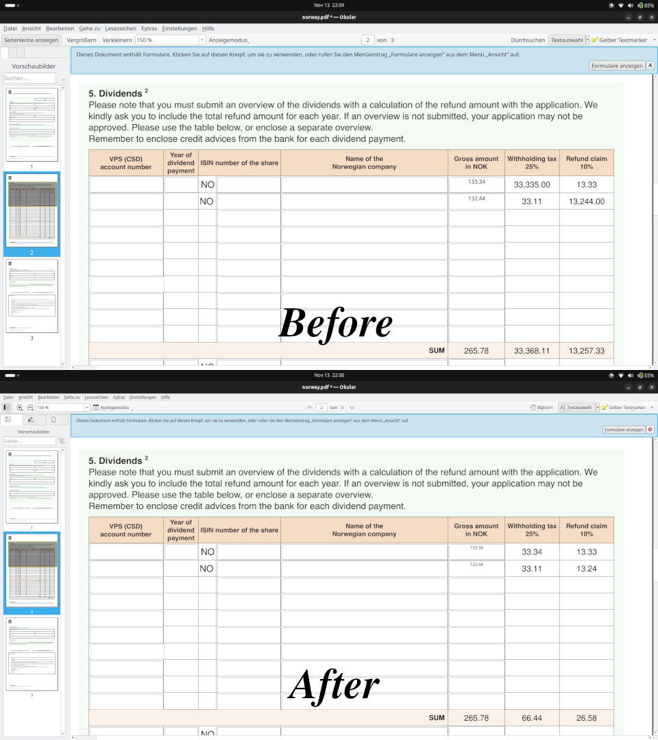 Before/After fixing the numbers handling in different locales.