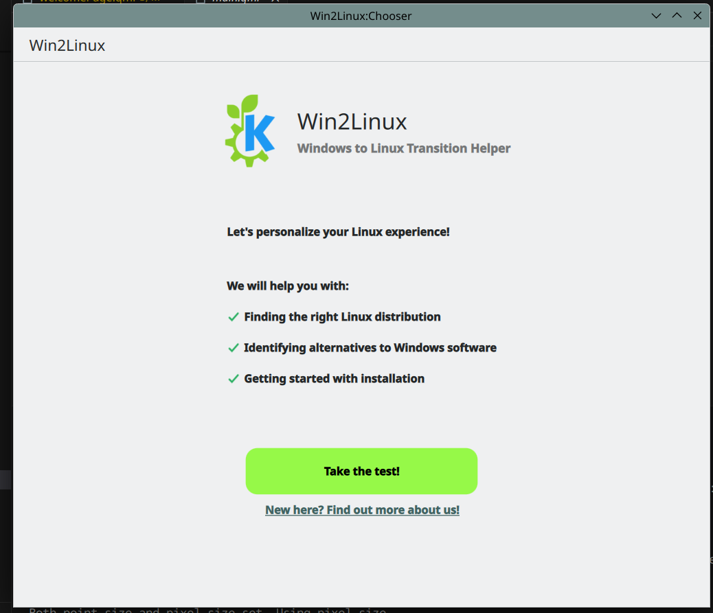 Win2Linux welcome page